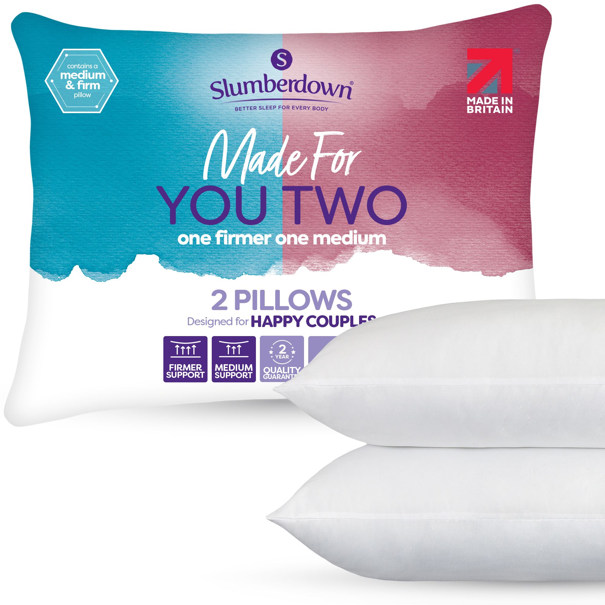 Slumberdown 2 Pack Made For You Two Medium & Firm Support Pillows in White