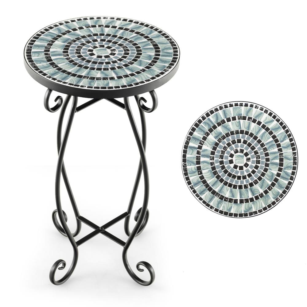 Costway Mosaic Outdoor Side Table Round End Table with Tile Tabletop in Black