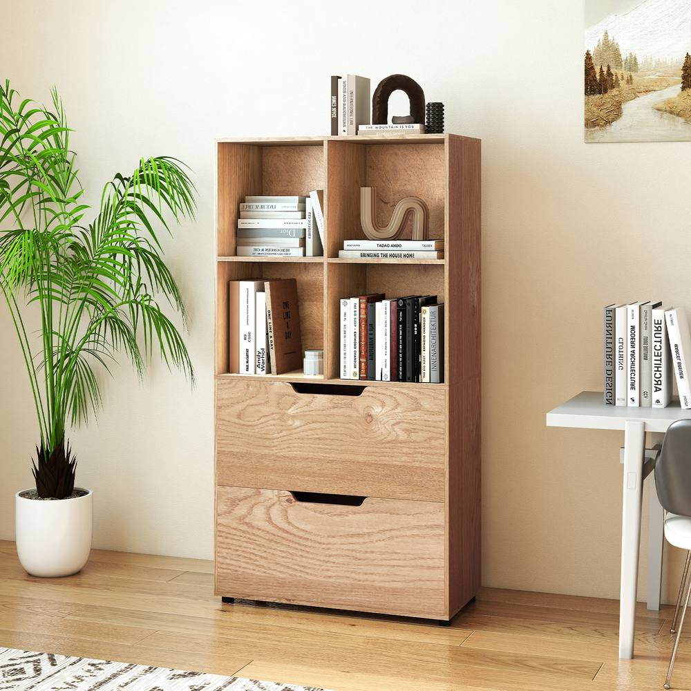 Costway 5-Tier Bookcase w/2 Drawers & 4-Cubes Tall Bookshelf Display Rack in Natural