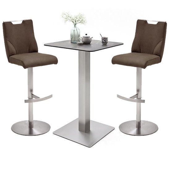 Soho Glass Bar Table With 2 Jiulia Brown Leather Stools