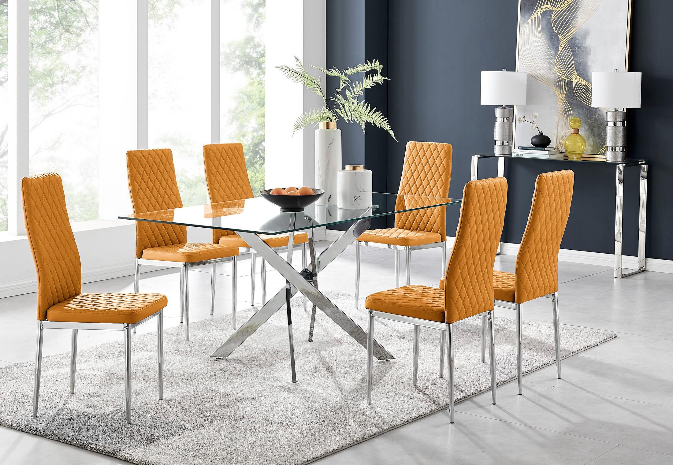 FurnitureboxUK Leonardo Glass & Chrome Metal Dining Table & 6 Milan Chairs Dining Set in Mustard