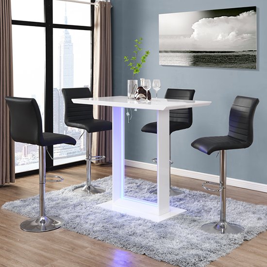 Atlantis White Gloss Bar Table With LED And 4 Ripple Black Stool