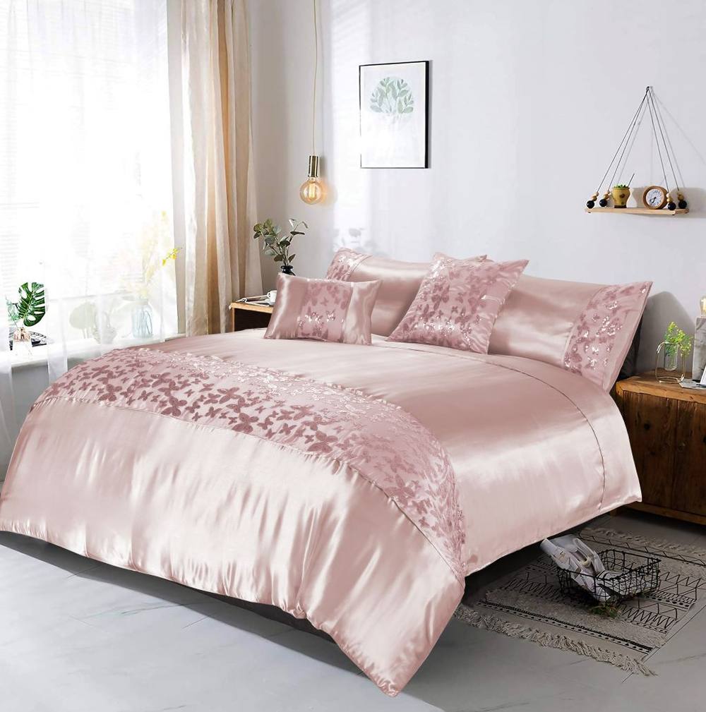 Homes-Linen Aisha Embroidered Duvet Cover Set Luxury Microfiber Bedding in Pink