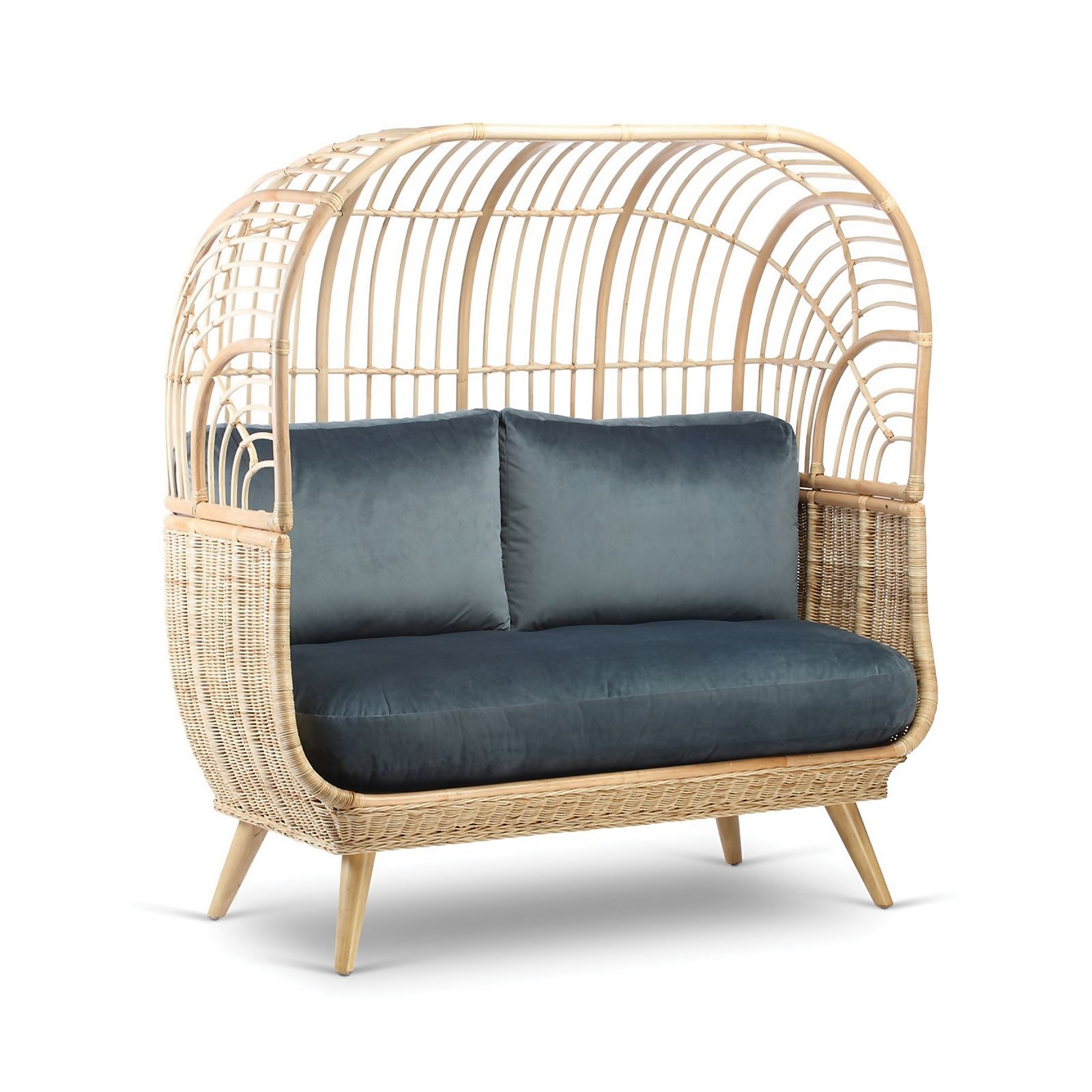 Cocoon Rattan Sofa in Velvet Blue