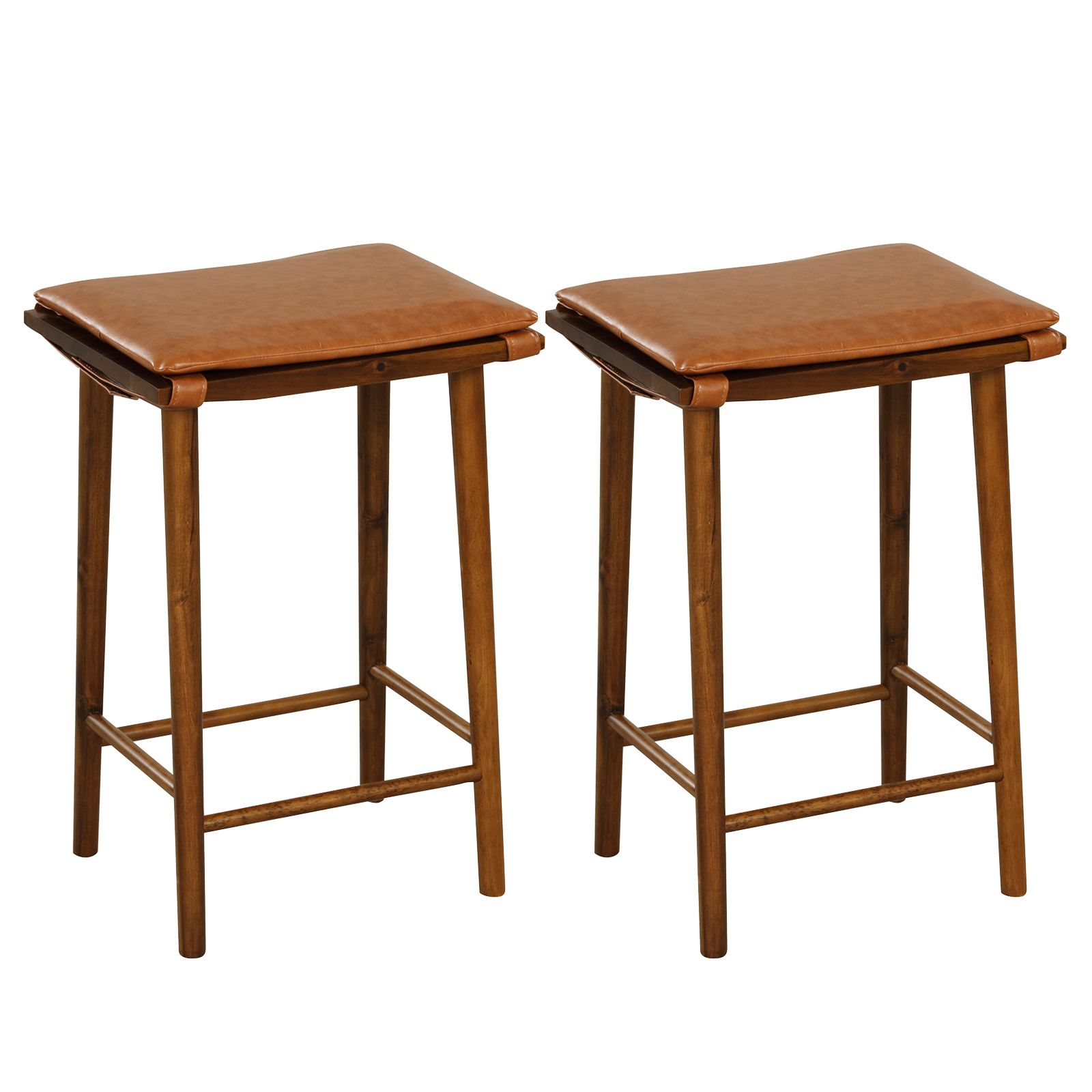 Costway Set of 2 Bar Stools Counter Height Stools Saddle Seat Stool with Solid Wood Legs in Brown