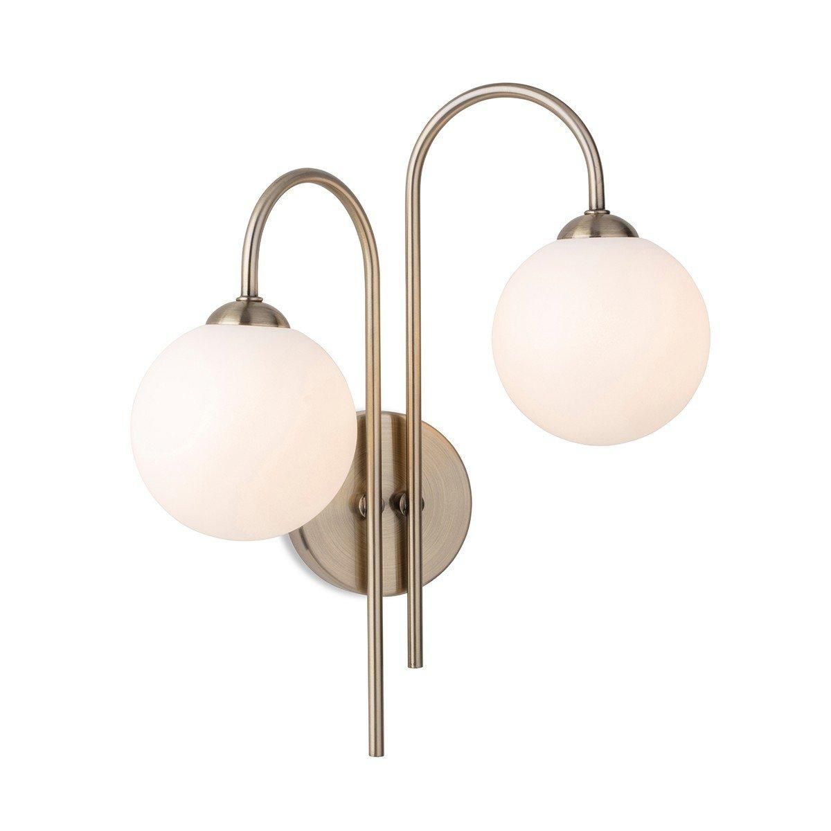 Netlighting Lyndon 2 Light Globe Wall Antique Brass with Opal White Glass in Gold
