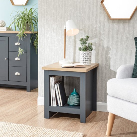 Valencia Wooden Side Table With Shelf In Slate Blue And Oak