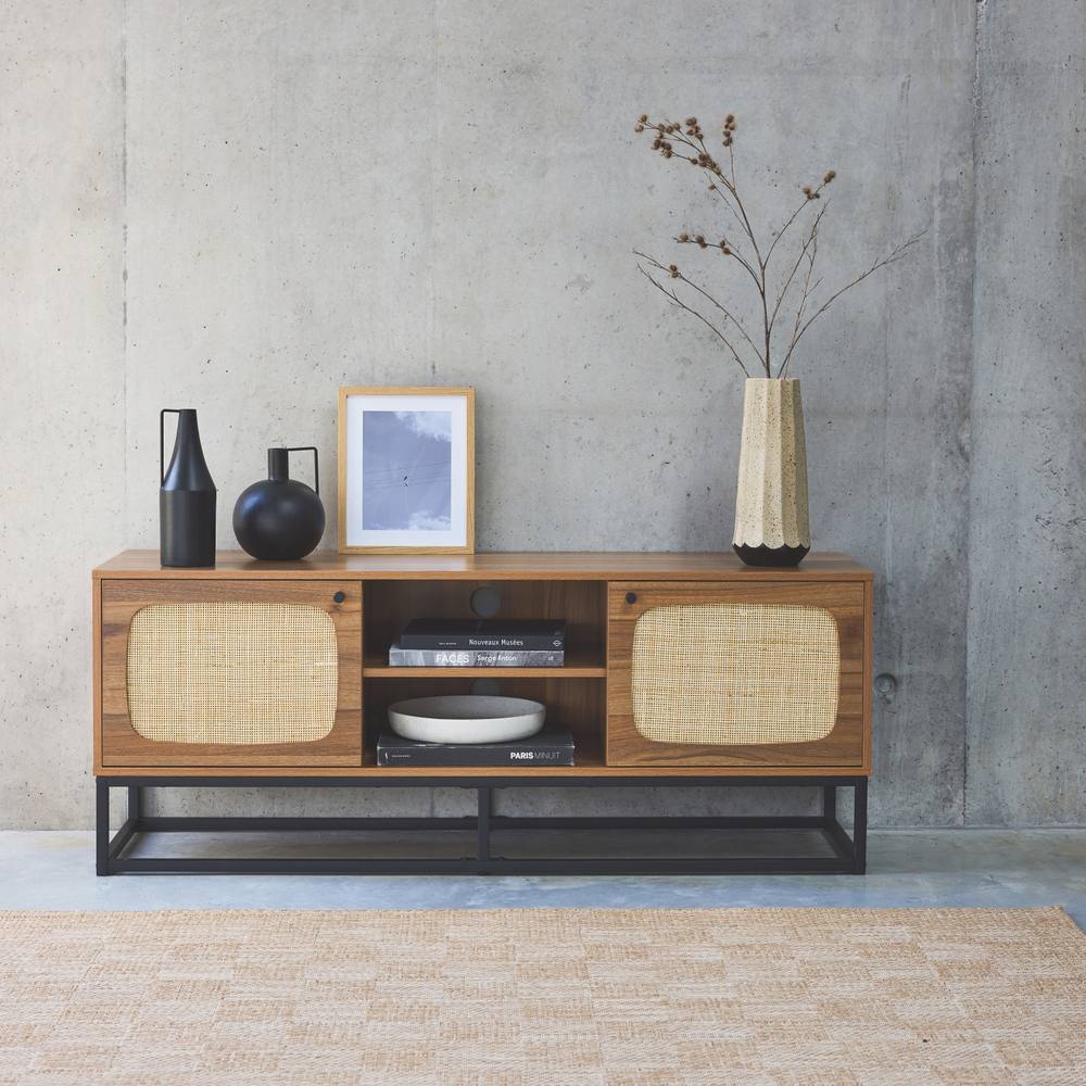 sweeek 140cm Tv Unit Wooden Effect & Rounded Cane 2 Doors in Light Brown