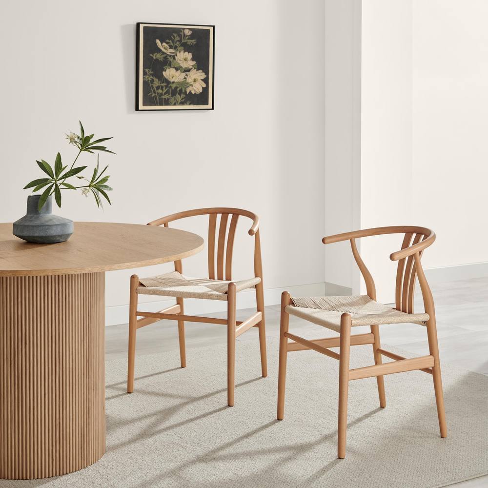 FurnitureboxUK 2x Caia Solid Wood & Rope Wishbone Dining Chairs in Light Brown