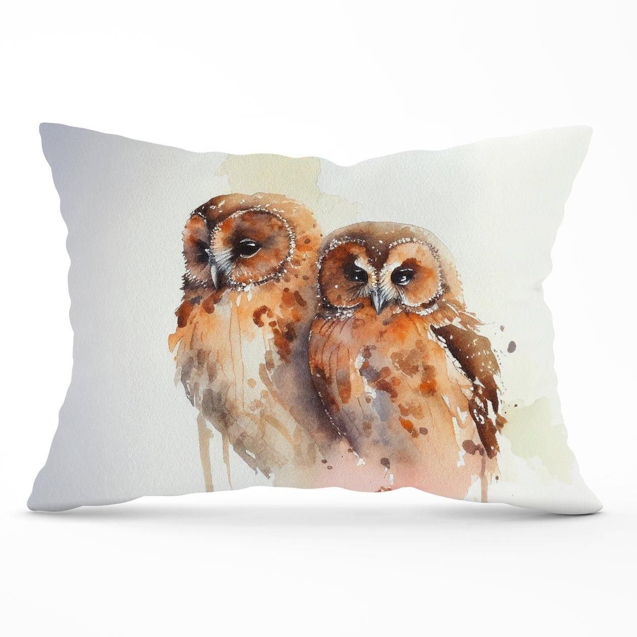 Warren Reed - Designer Loving Tawny Owls Watercolour Cushions in Brown