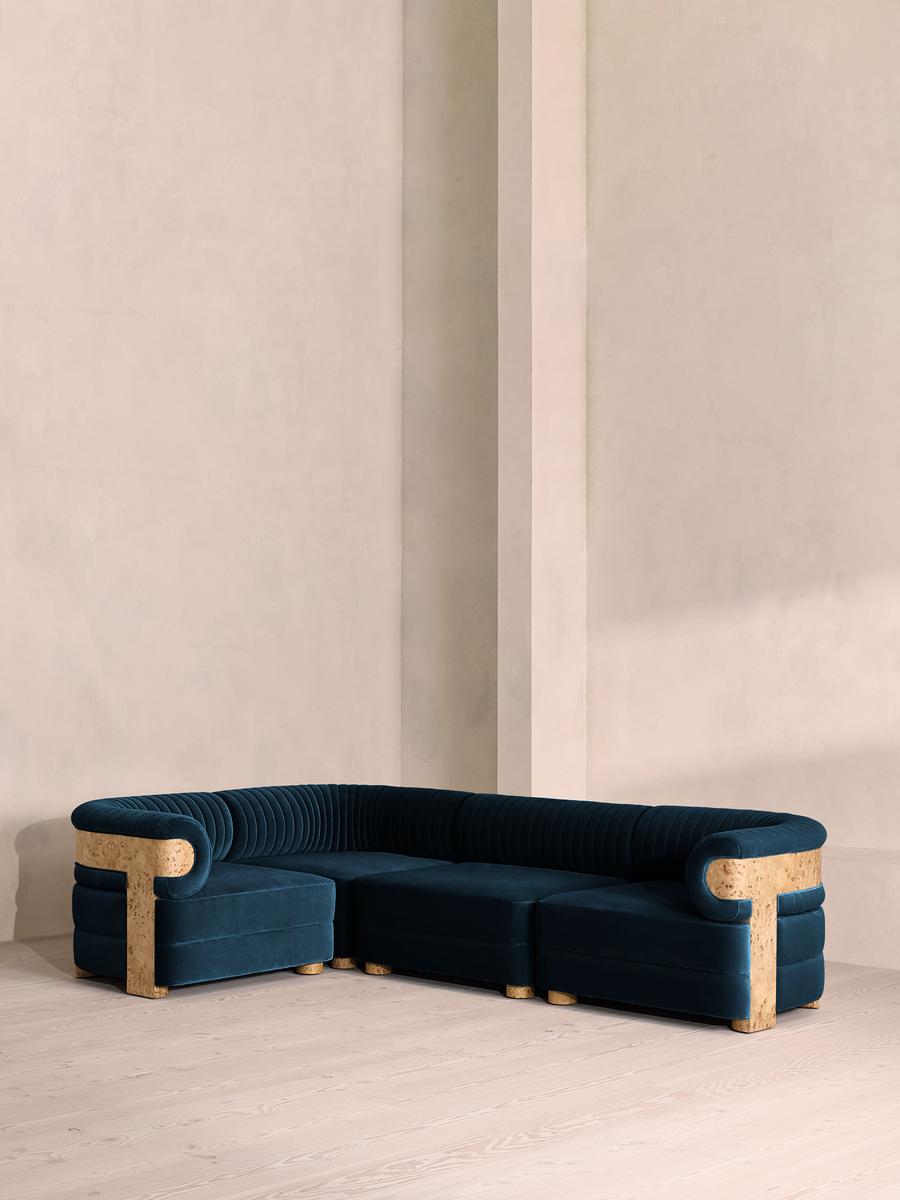 Caleb Modular L-Shape Sofa, Velvet, Royal Blue, Blonde Burl