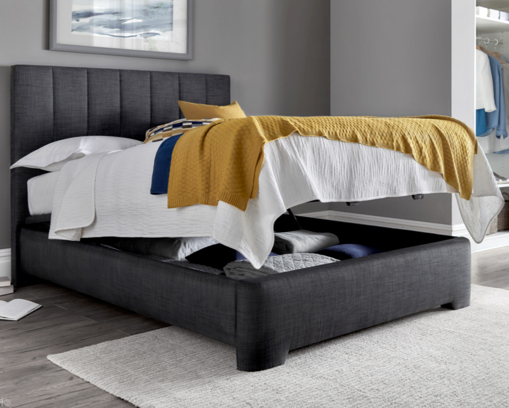 Medburn Slate Grey Fabric Ottoman Storage Bed Frame - 6ft Super King Size
