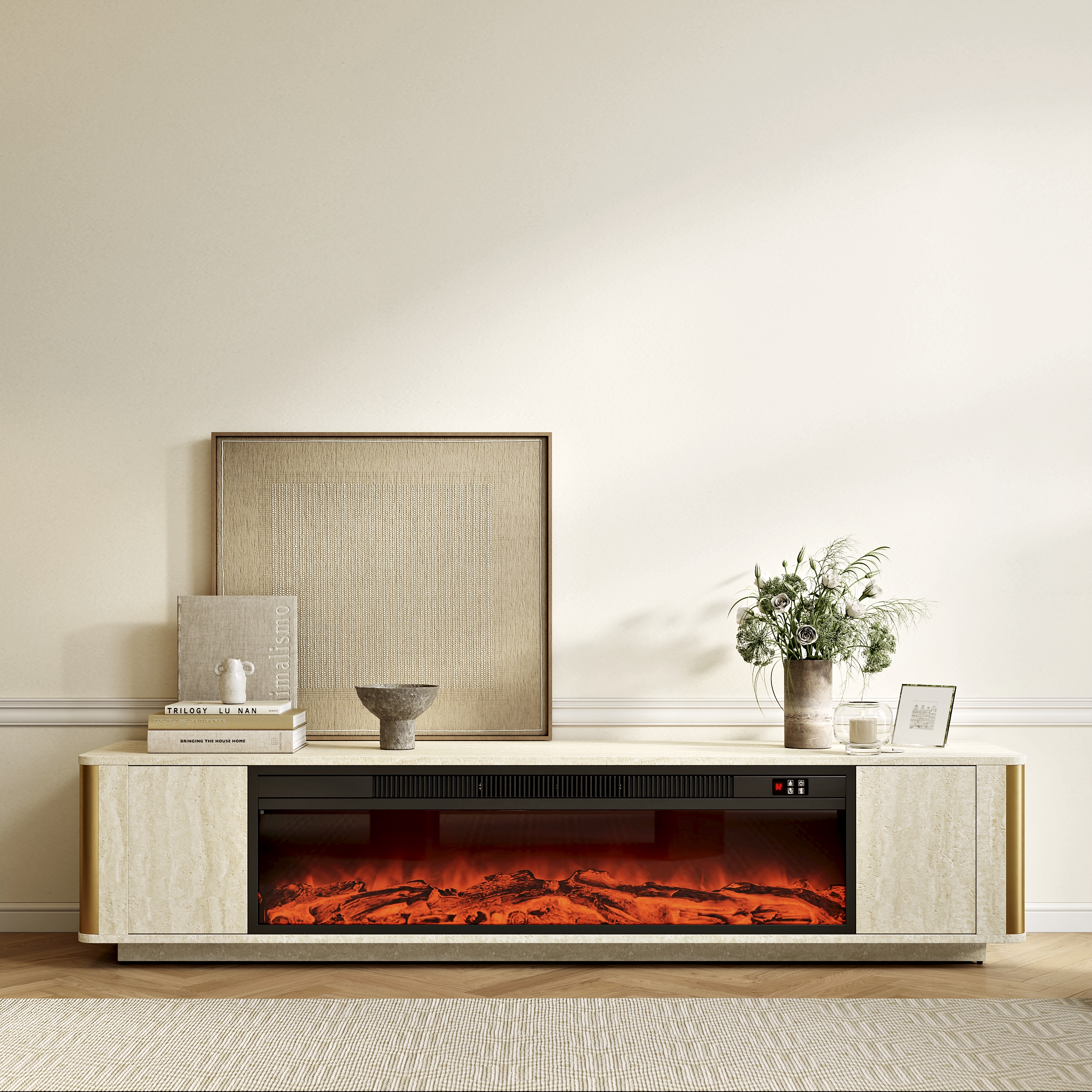 2000mm Travertine Veneer Electric Fireplace TV Stand with Storage in Oatmeal For living Room
