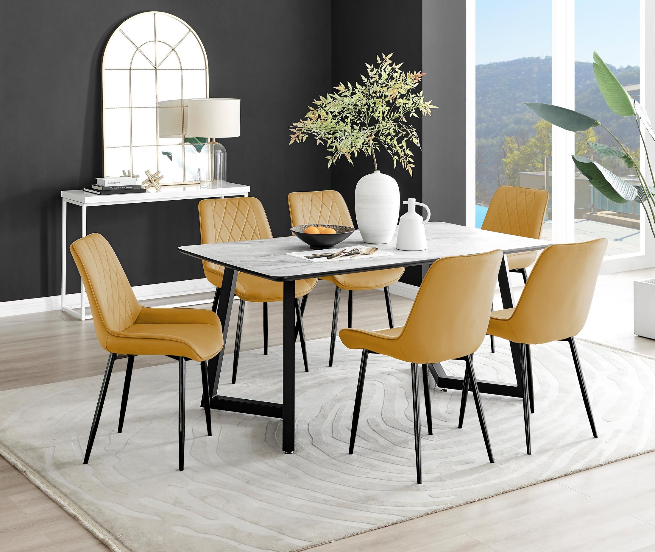 FurnitureboxUK Carson White Marble Effect Dining Table & 6 Pesaro Black Leg Chairs in Mustard