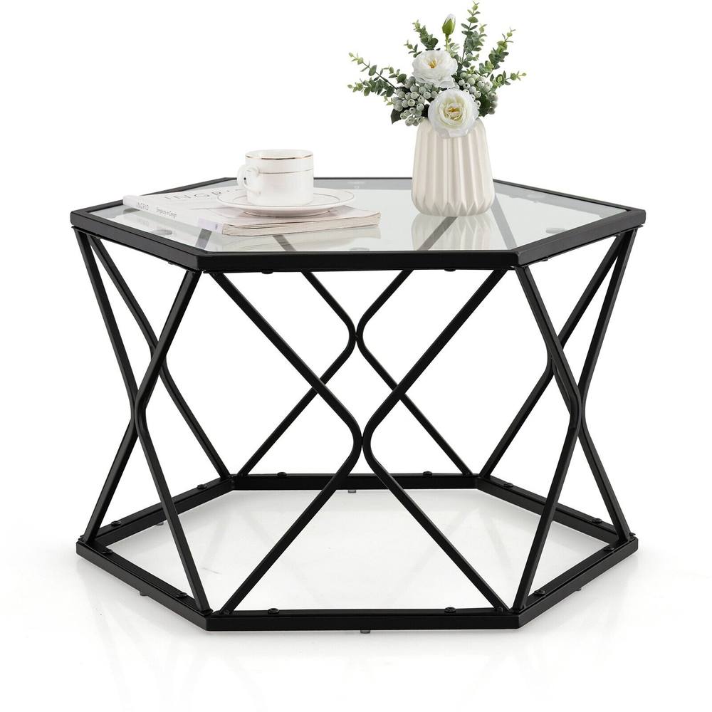 Costway Geometric Glass Coffee Table Hexagonal End Table with Tempered Glass Top in Black