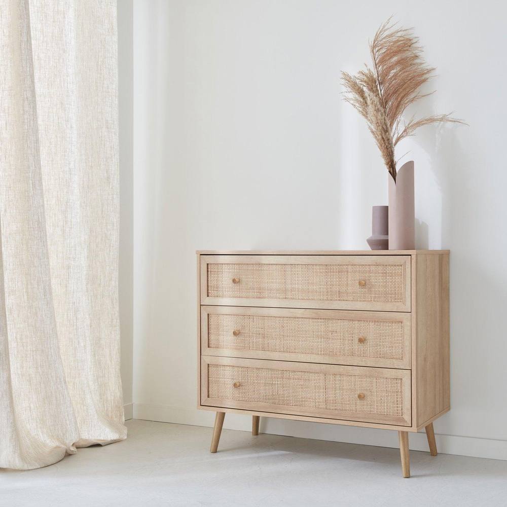 sweeek 3-drawer Chest With Wood & Cane Effect in Light Brown