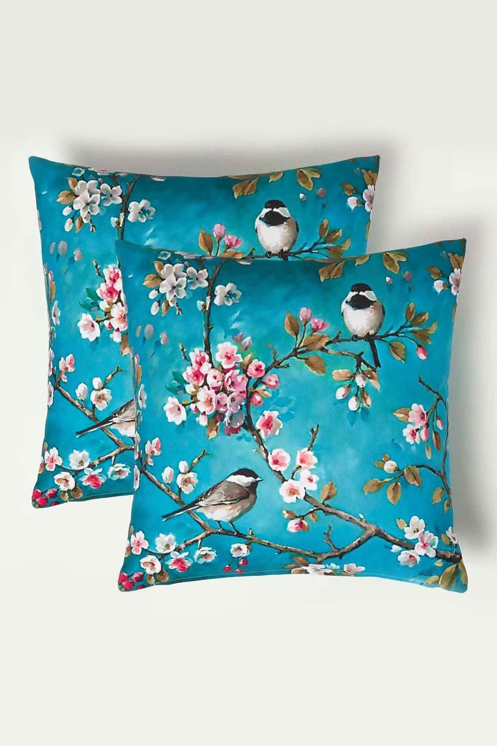Homescapes Luxury Waterproof Blue Bird Outdoor Cushion 45 x 45 cm, Set of 2