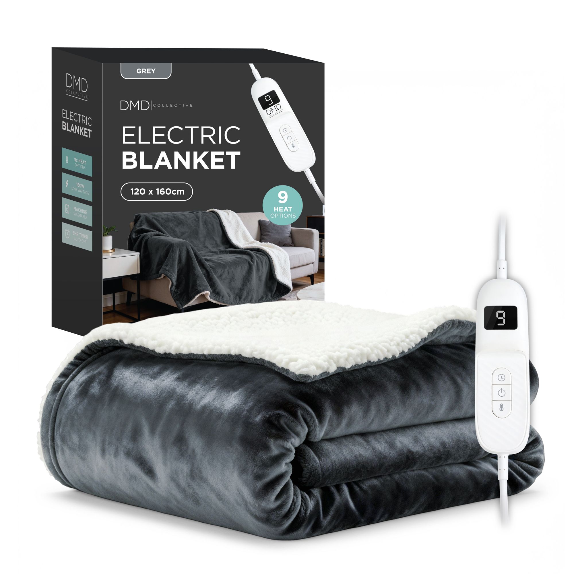 DMD Collective Heated Electric Blanket Throw Fleece Sherpa 9 Heat & Timer Settings 120x160cm Machine Washable in Dark Grey