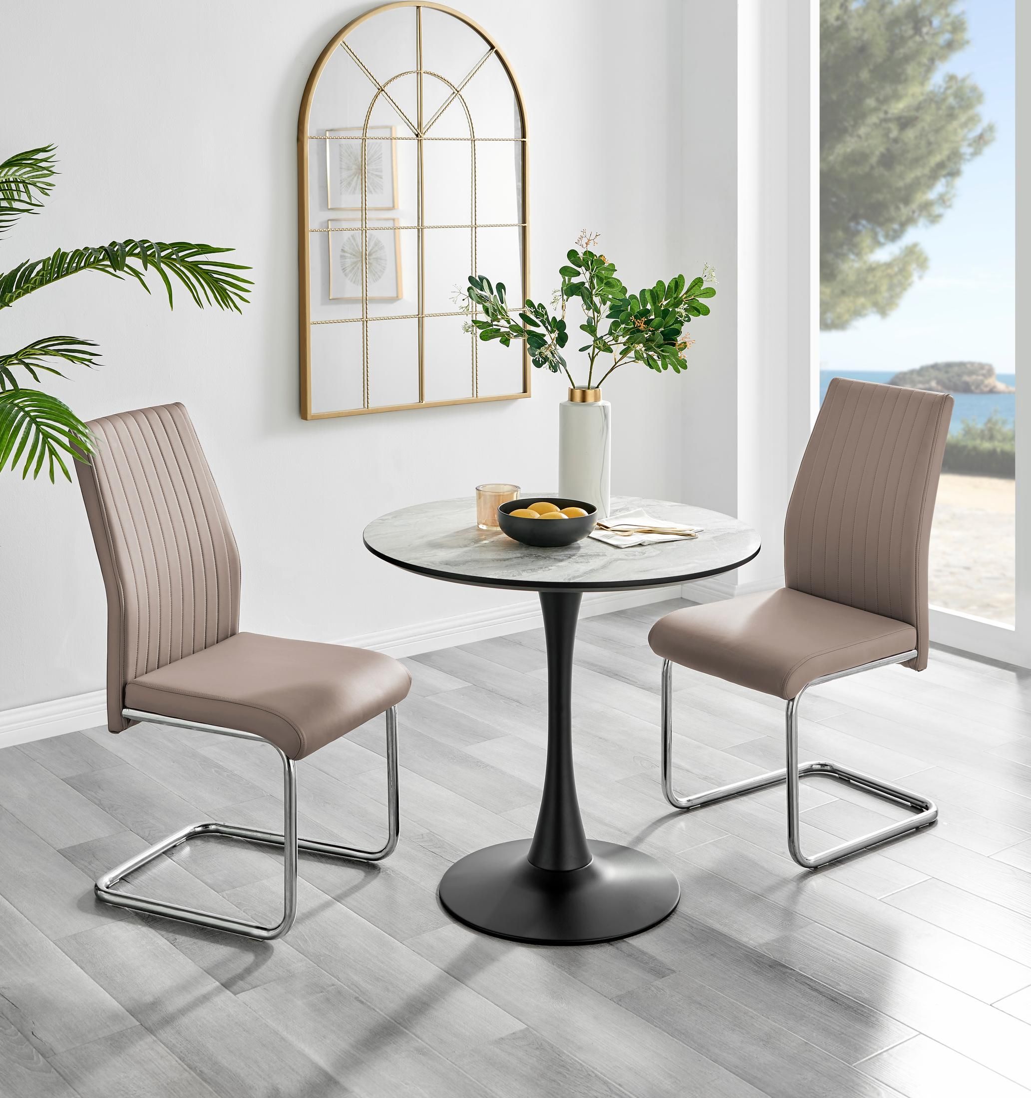 FurnitureboxUK Elina White Marble Effect Scratch Resistant Dining Table & 2 Lorenzo Faux Leather Chairs in Beige
