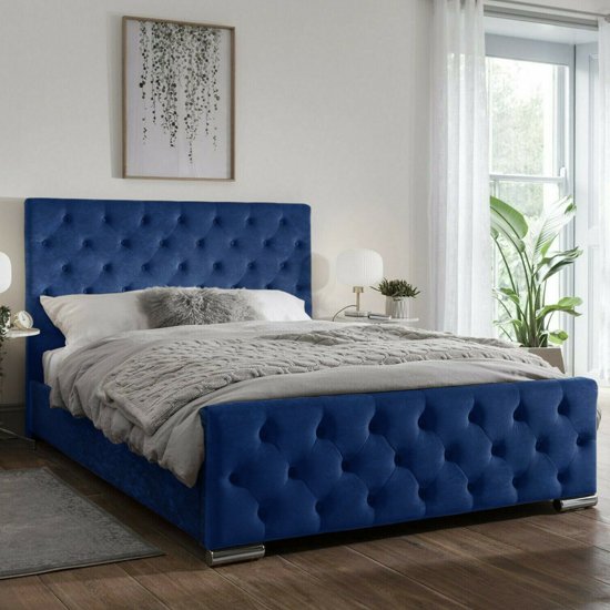 Tetbury Plush Velvet Upholstered Small Double Bed In Blue