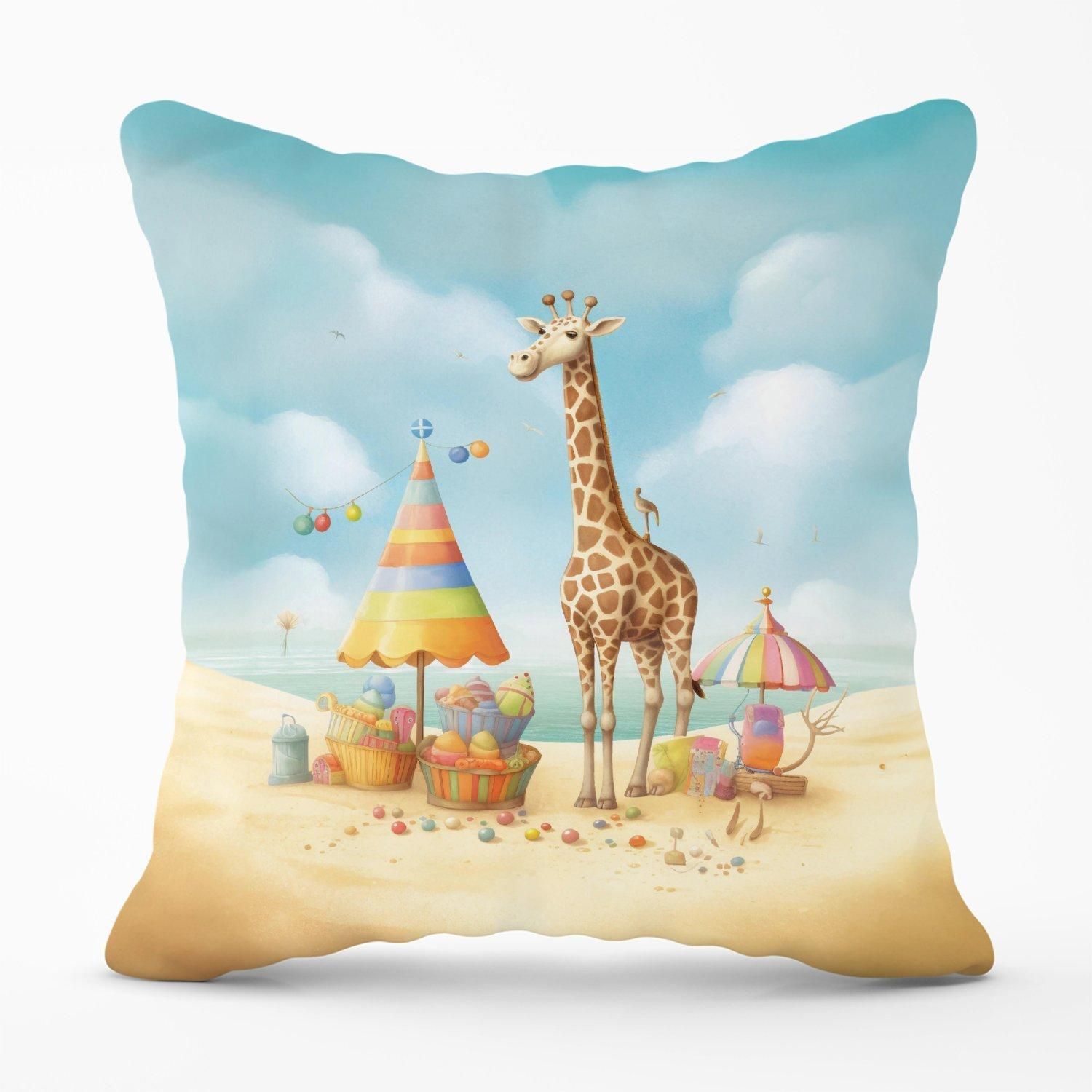 Warren Reed - Designer Giraffe On A Beach Holiday Outdoor Cushion in Yellow