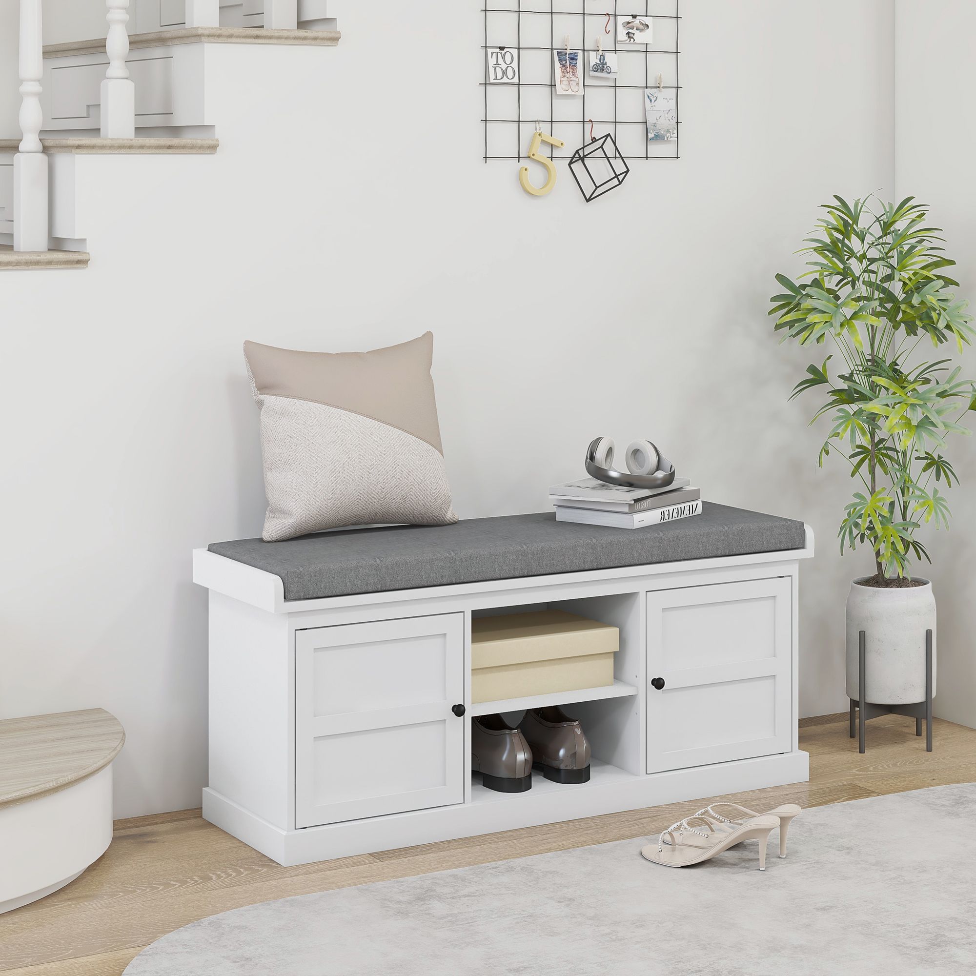 HOMCOM Shoe Bench with Cushioned Seat Adjustable Shelf for Hallway in White
