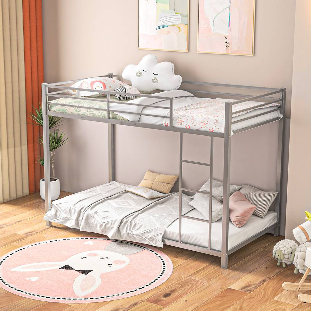 Costway Single Metal Bunk Bed Floor Bed Frame w/Ladder &Full-length Guardrails in Silver