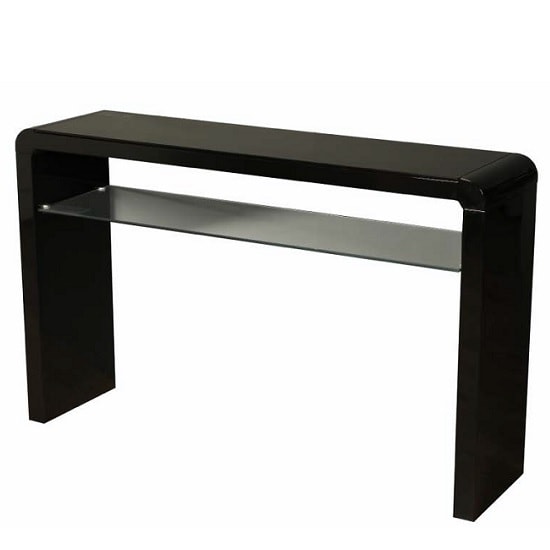 Norset Large Console Table In Black Gloss With 1 Glass Shelf