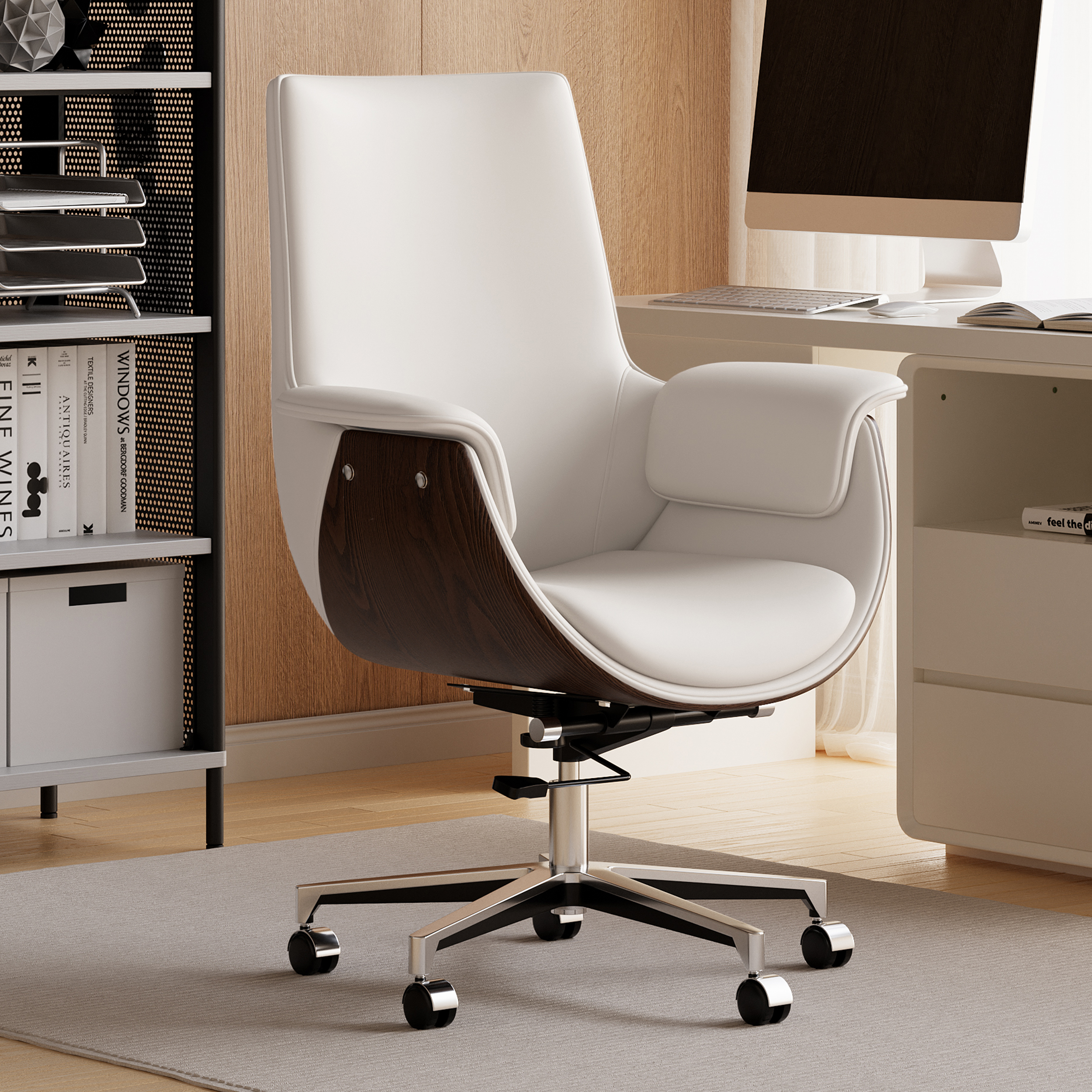 Warm White Leather Modern Home Office Chair Upholstered High Back Desk Chair Wood Grain Frame