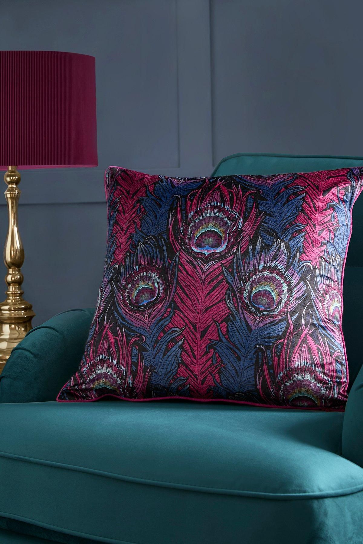 Laurence Llewelyn-Bowen 'Dandy Peacock' Jacquard Filled Cushion in Plum