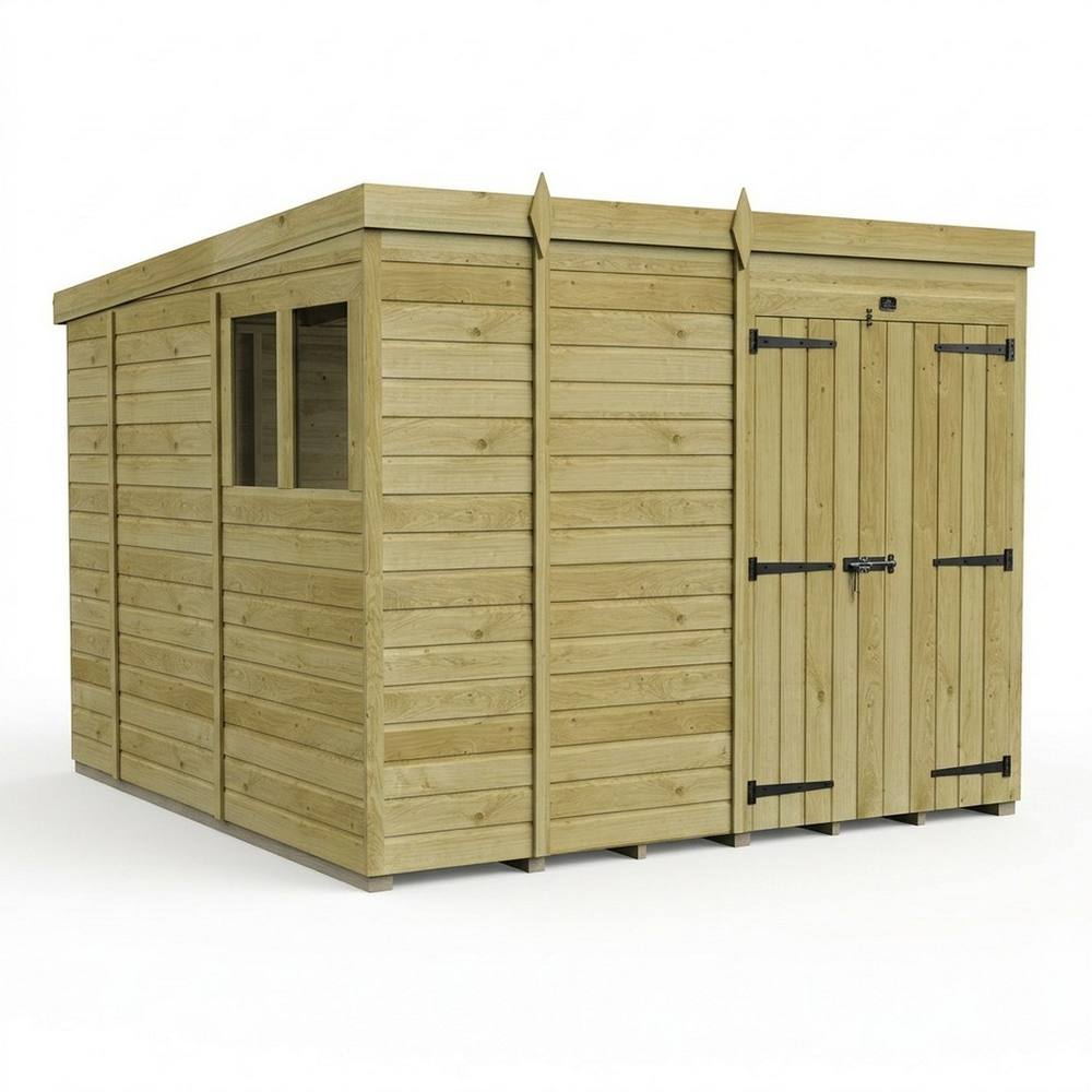 Buttercup Farm 9ft x 10ft Pent Garden Shed Double Door With Windows - Timber in Brown