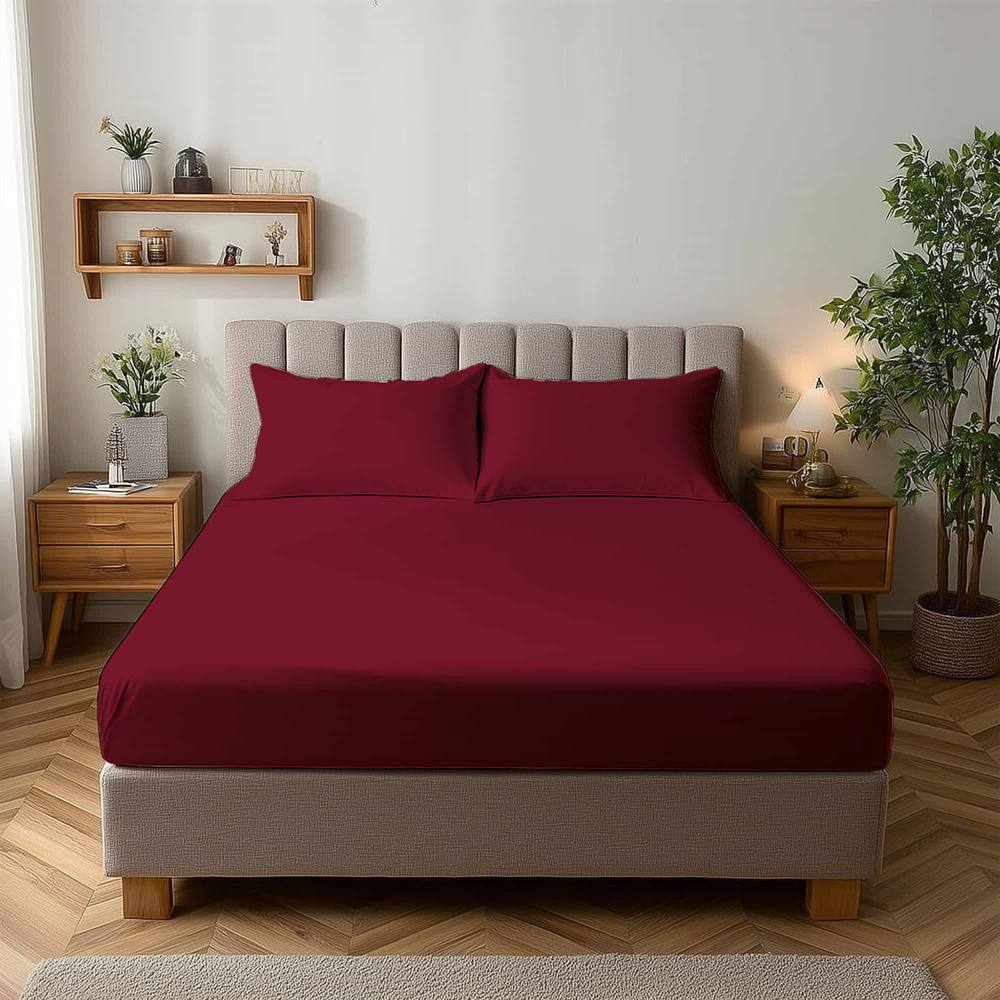 Snug City Microfibre Soft Touch Fitted Sheet 25cm Skirt Plain Dyed Bed Linen in Red
