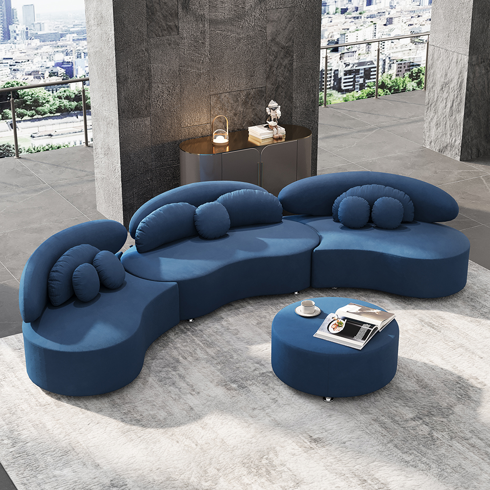 3700mm 4-Piece Curved Velvet Sectional Sofa with Ottoman & Pillows