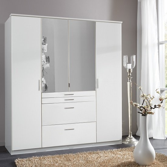 Alberta Mirrored Wardrobe In Alpine White With 4 Doors