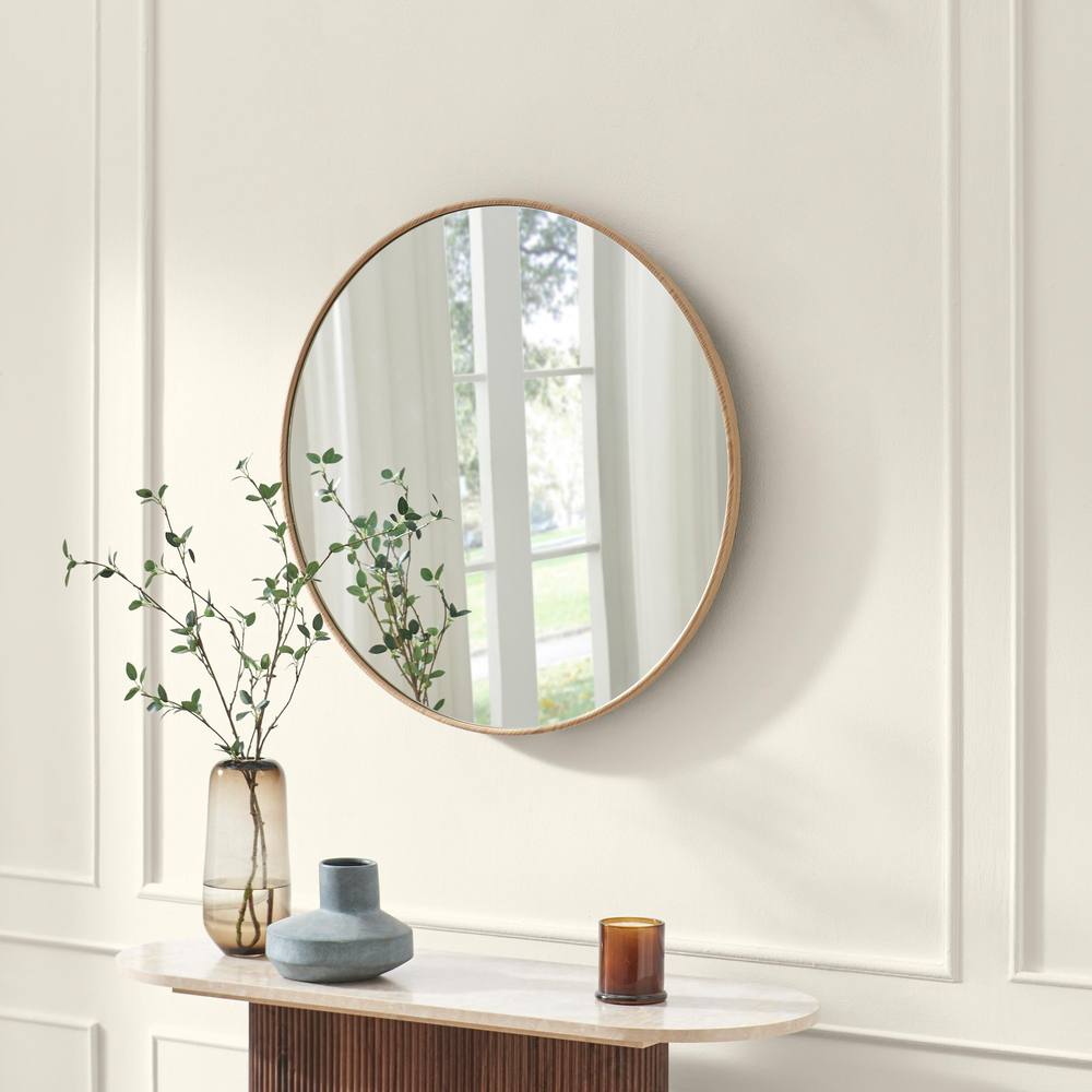 FurnitureboxUK Inga Oak Wood Medium Round 80cm Wall Mirror in Light Brown