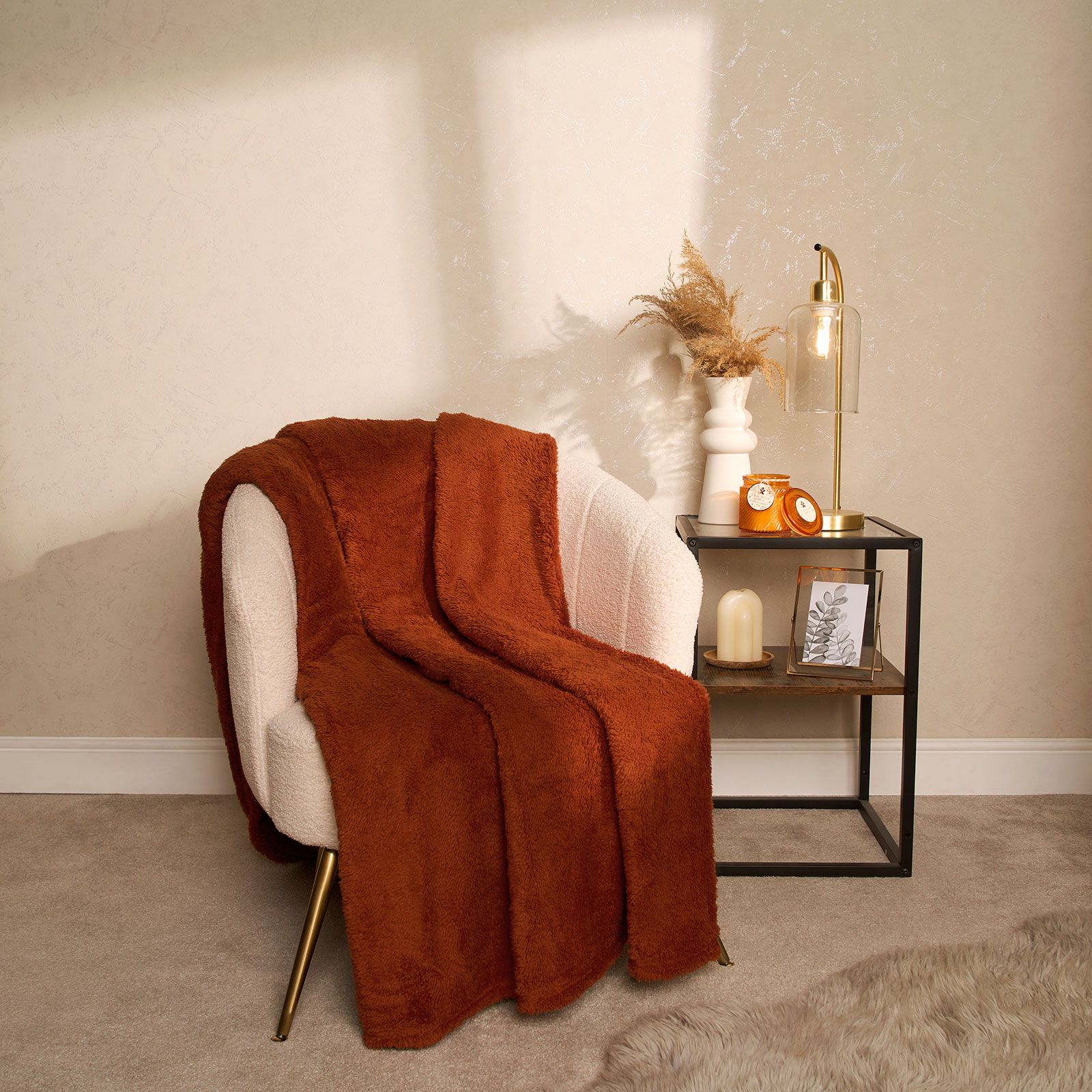 OHS Large Teddy Fleece Throw Blanket in Burnt Orange