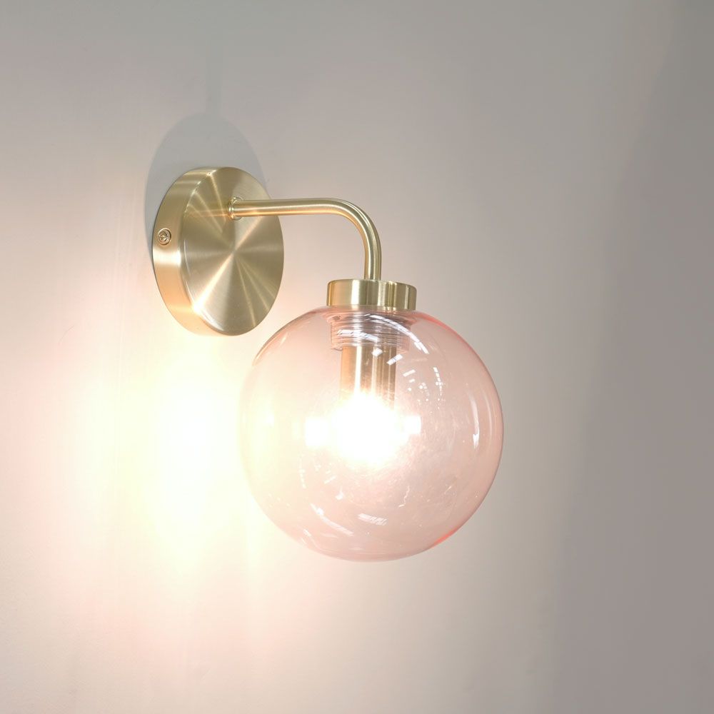 ValueLights Frenchie Pair of Pink Tinted Glass Globe Single Gold Stem Wall Lights & Bulbs