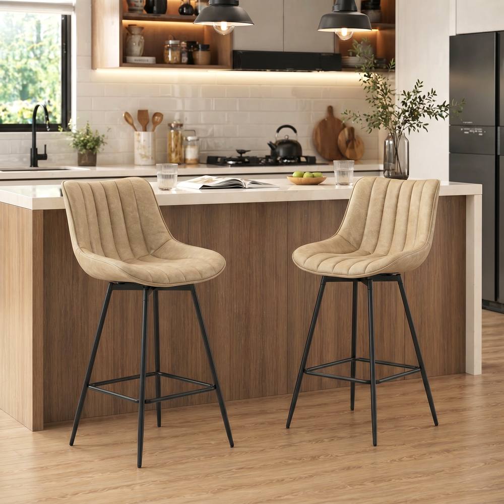 HOMCOM Swivel Bar Stools Set of 2, PU Leather Upholstery, Light Brown