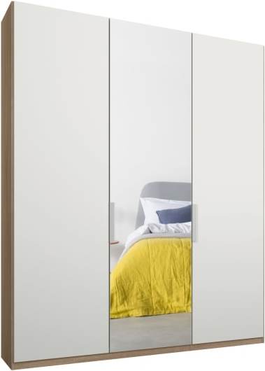 Caren 3 door 150cm Hinged Wardrobe, Oak Frame, Matt White & Mirror Doors, Premium Interior