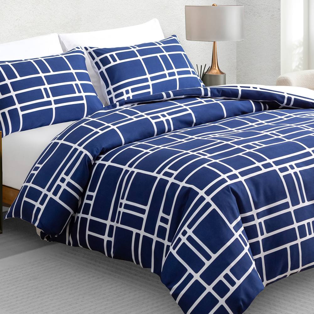 Grace Brick Double Brushed Microfiber Duvet Cover Set with Zipper Closure in Blue