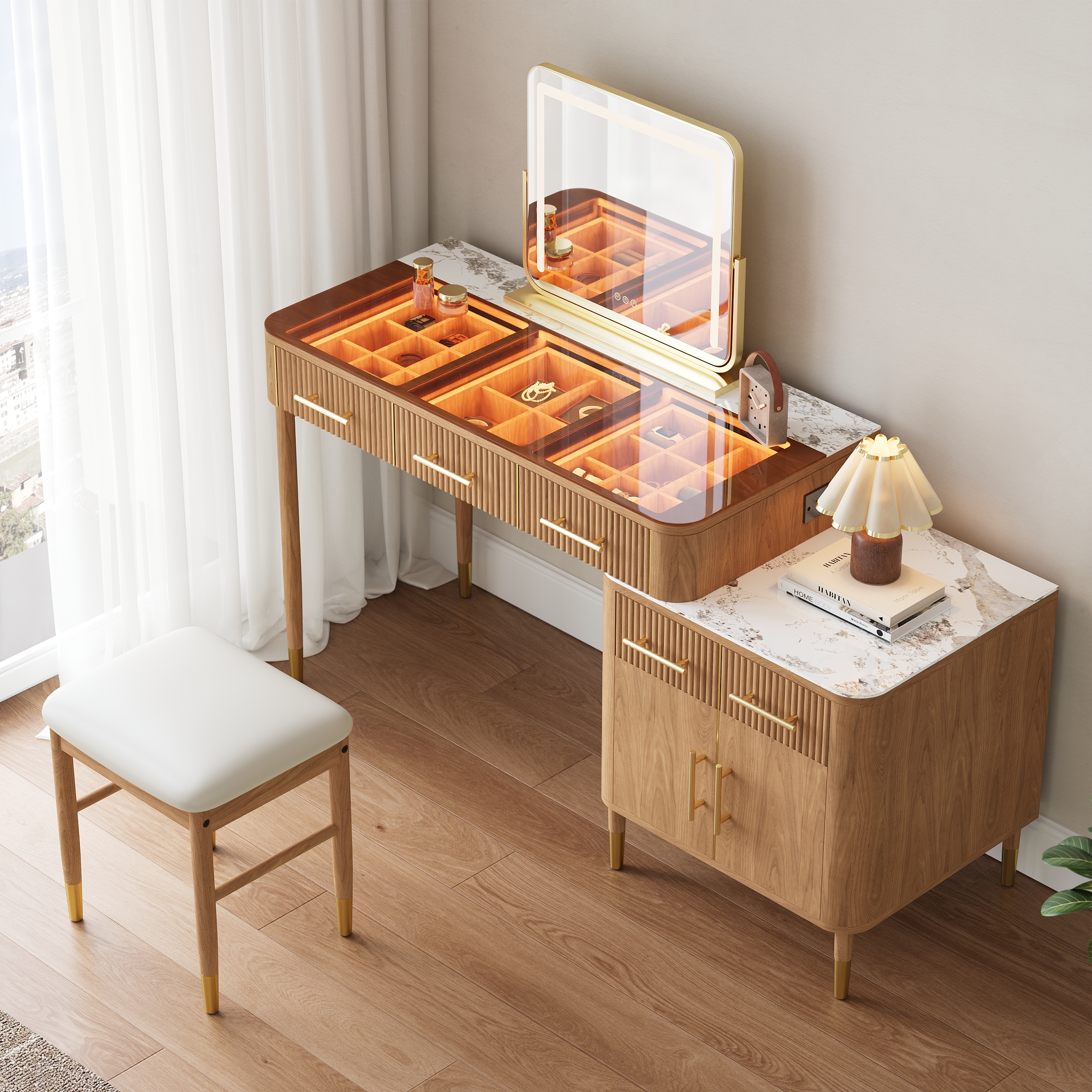 Glass Natural Dressing Table with Chair with Lighted Mirror & Stool Mid Century Modern Dressing Table with Top