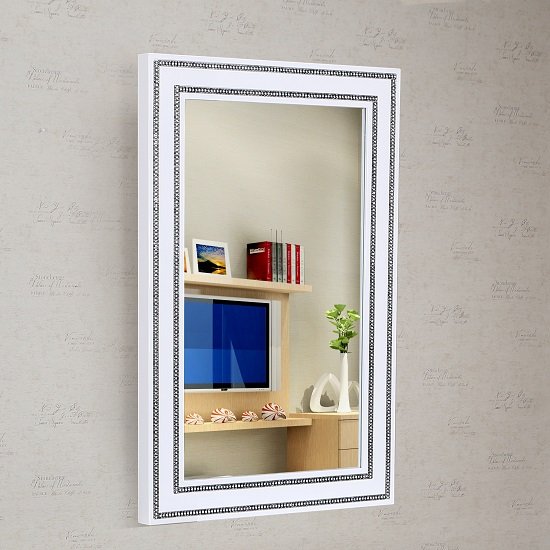 Diamante Wall Mirror In White High Gloss With Rhinestones