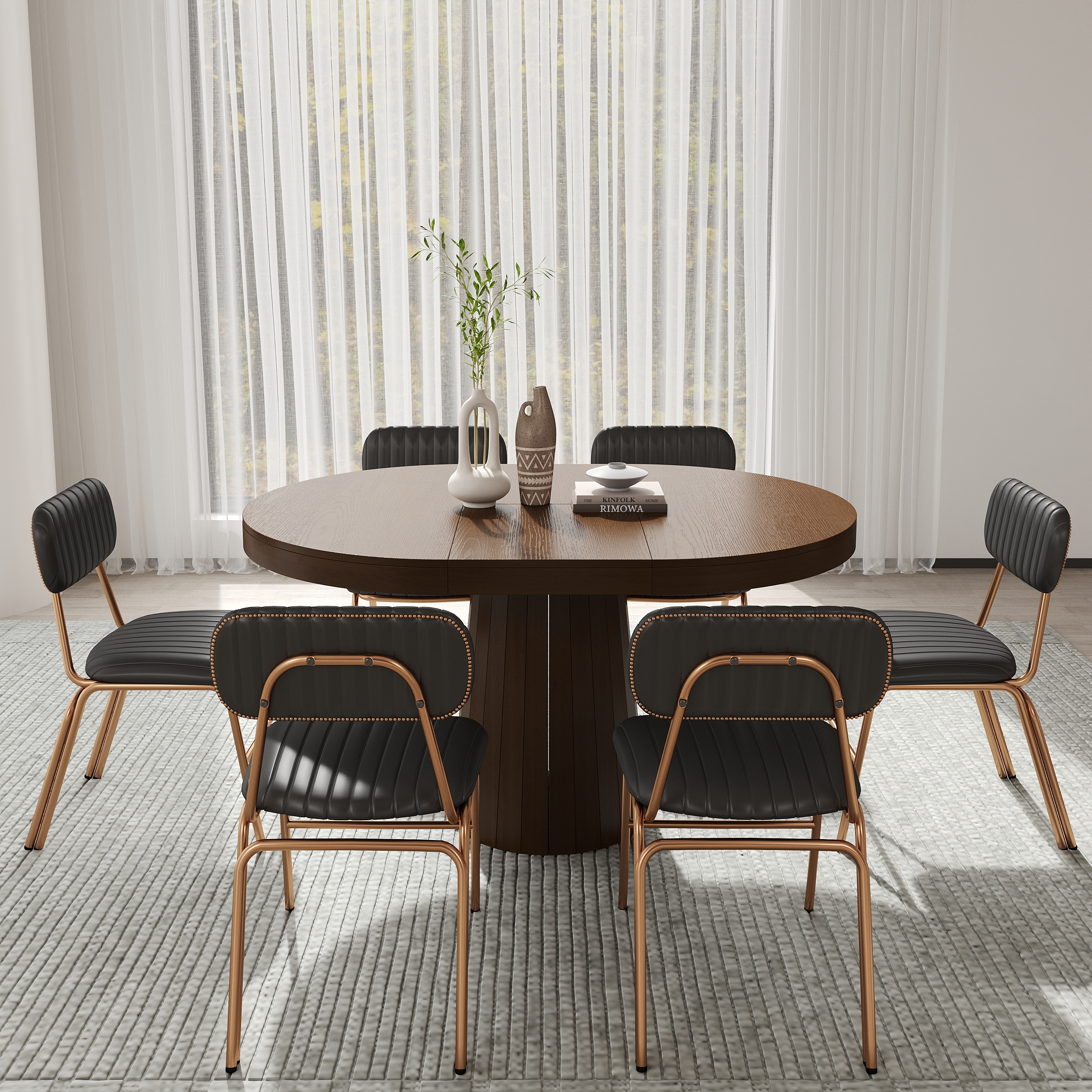 Oval&Round Dining Table Extendable Table Pedestal 6-Seater Japandi Walnut