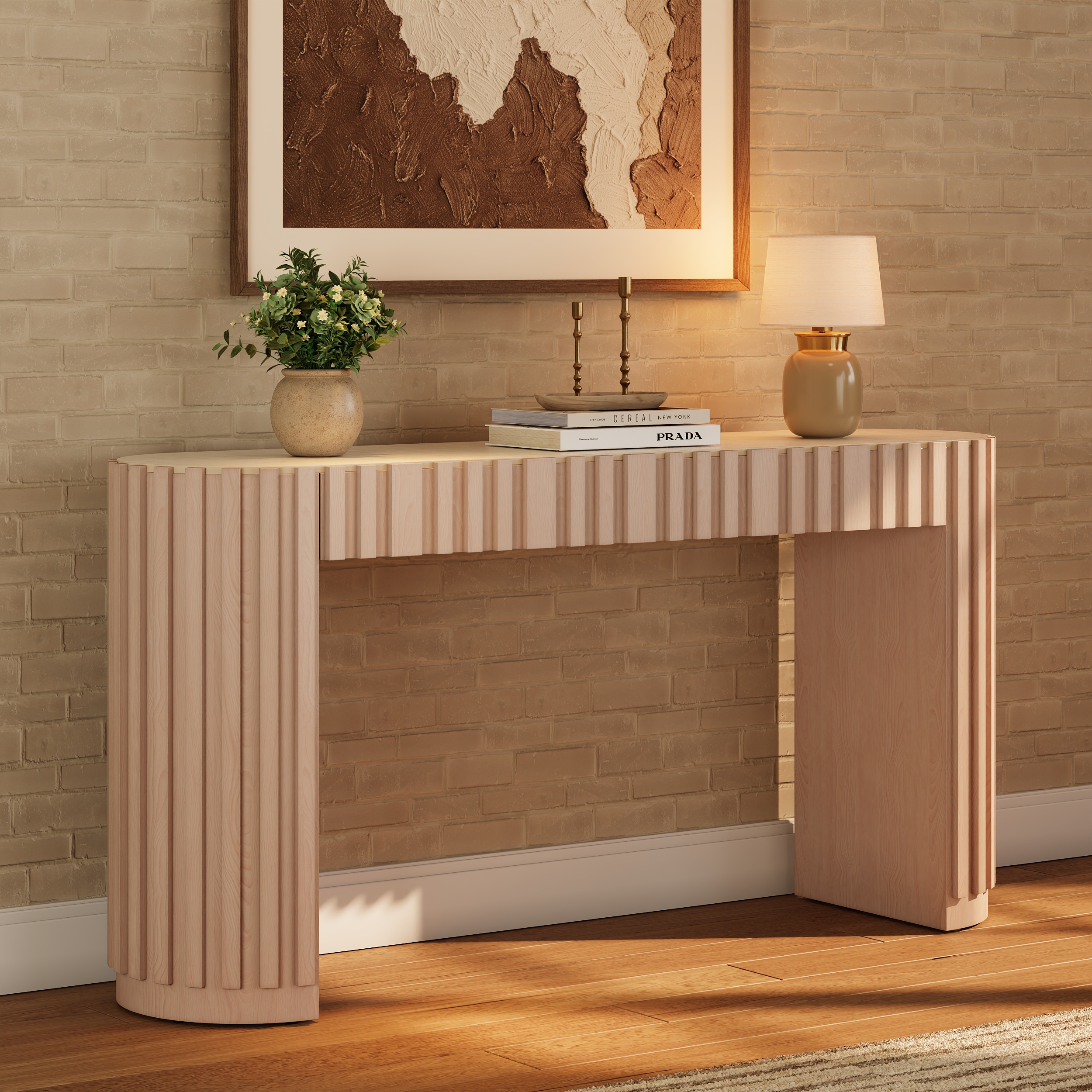 Aura 60" Ash Wood Fluted Whitewash Console Table With Sintered Stone Top