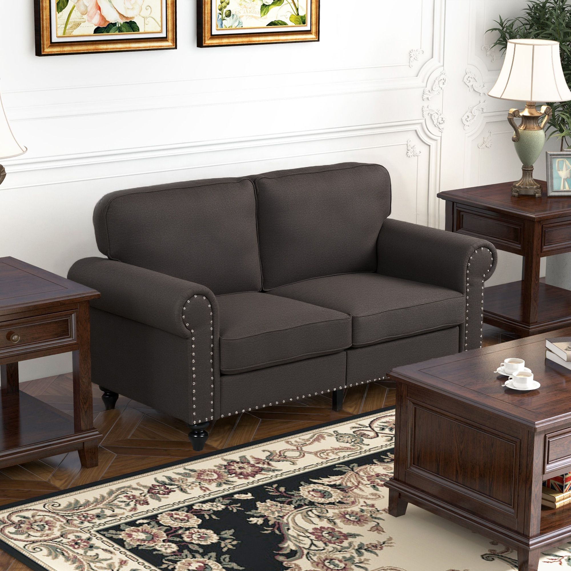 HOMCOM 2 Seater Sofa Couch Fabric Love Seat Sofa with Nailhead Trim in Brown