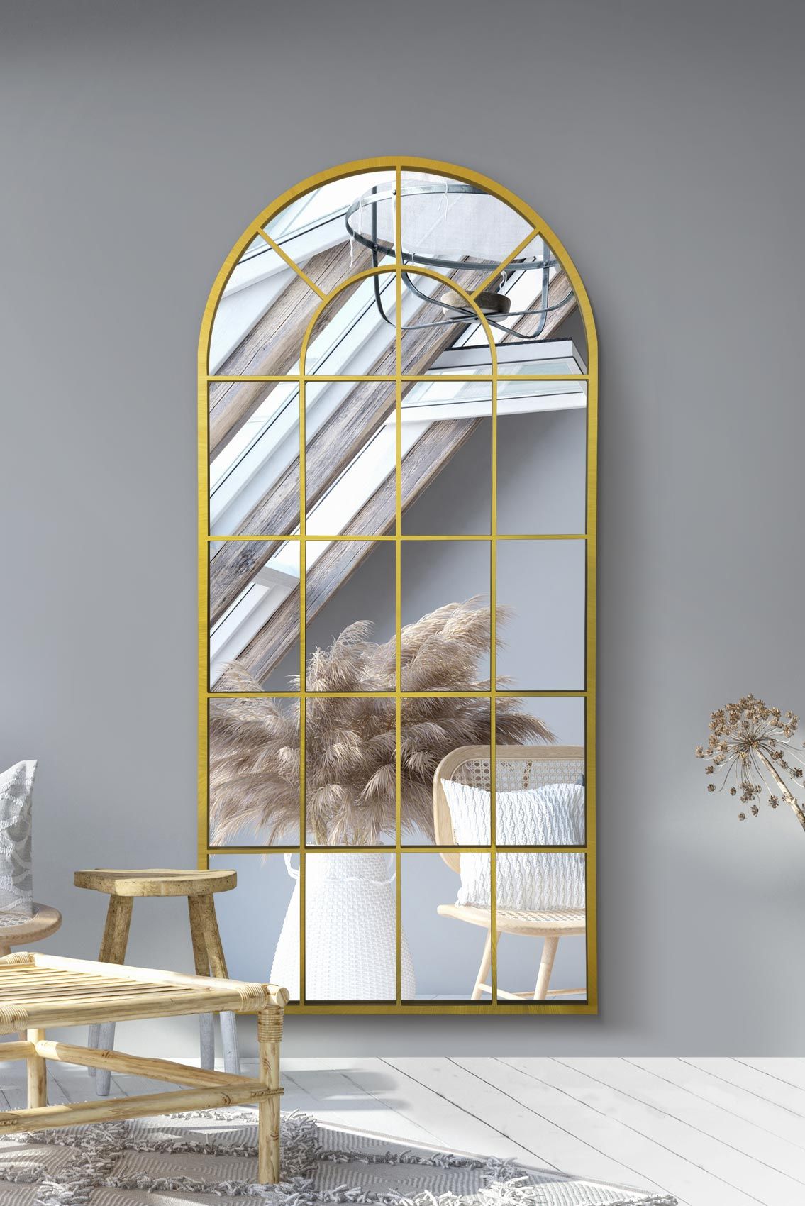 MirrorOutlet The Arcus Gold metal Arched Window Leaner / Wall Mirror 71" X 33.5" (180x85CM)