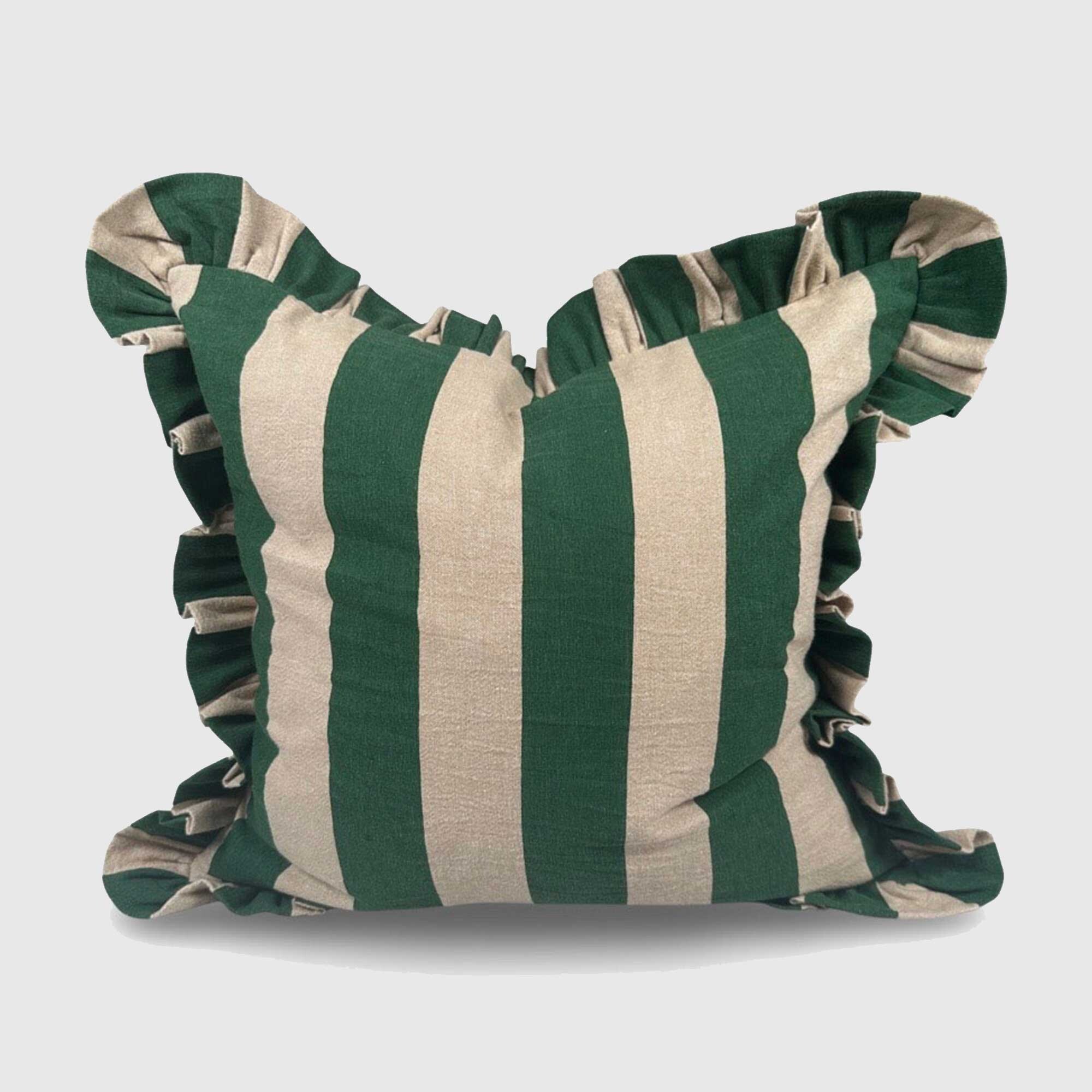 Green Striped Frill Cushion, Square Cotton | Barker & Stonehouse