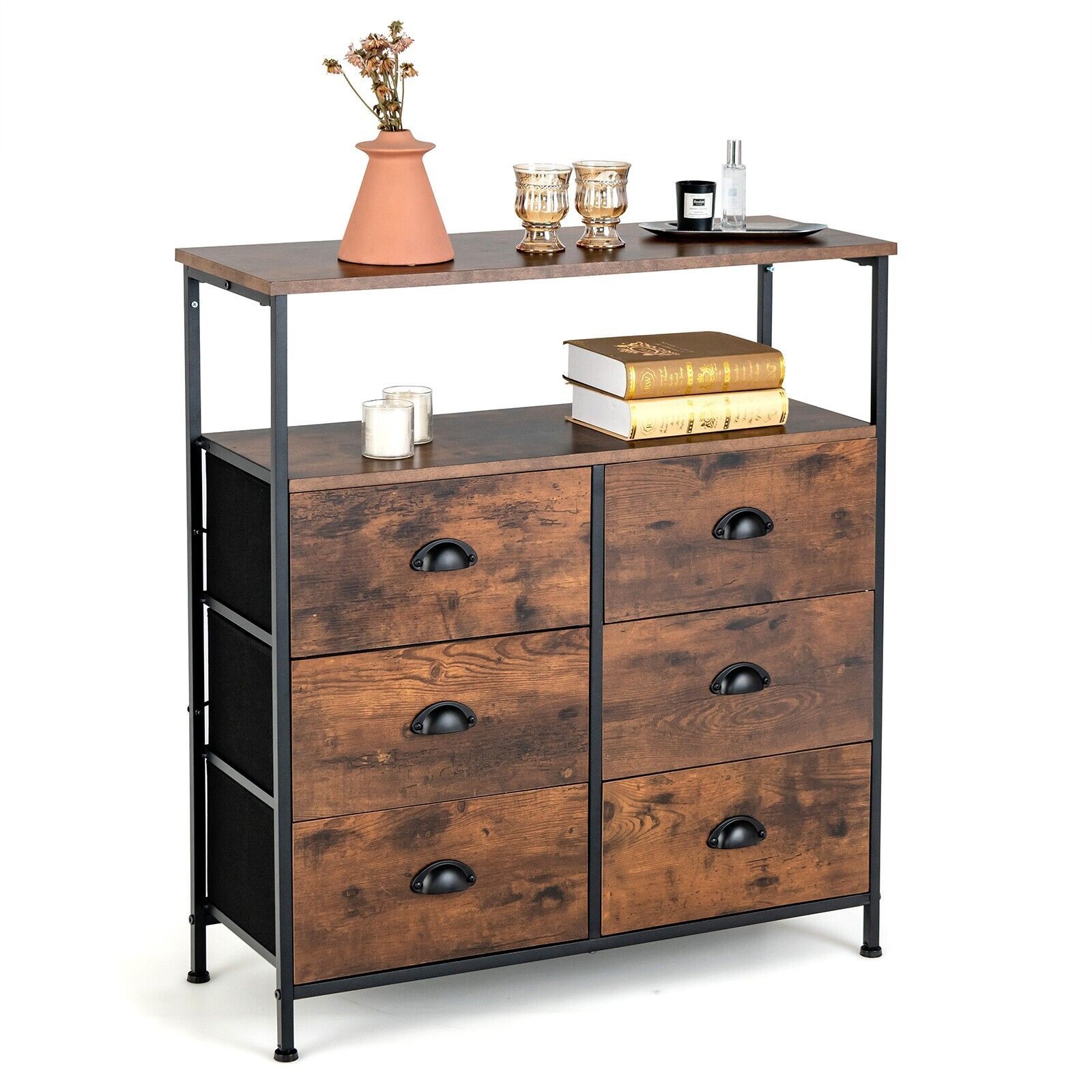 Costway 6 Drawers Dresser Storage Organizer w/ 6 Removable & Foldable Fabric Drawers in Brown