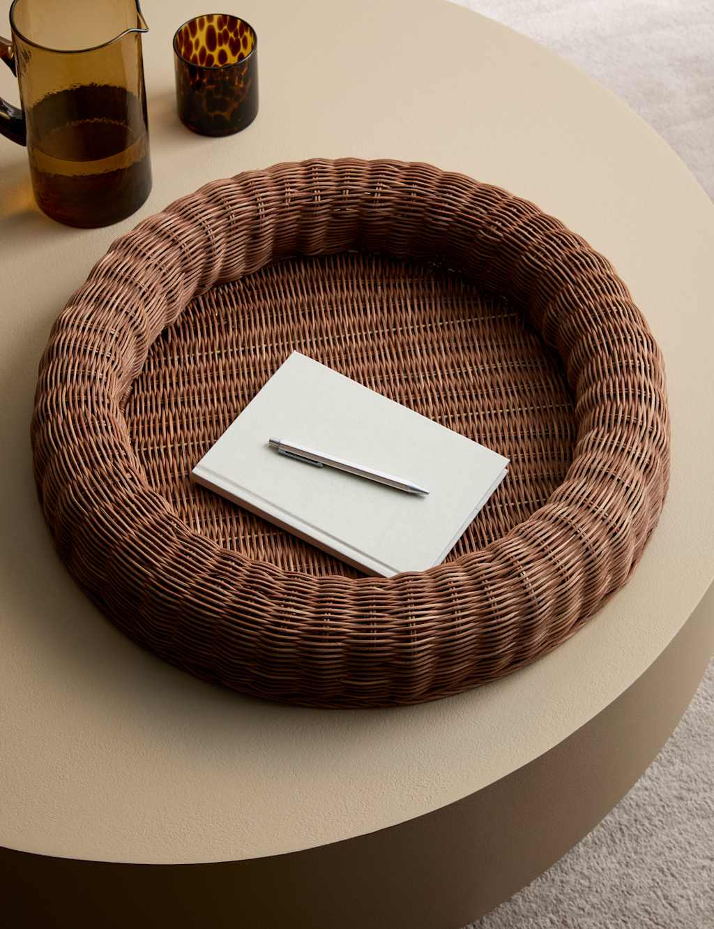 M&S Rattan Large Round Coffee Table Tray Brown