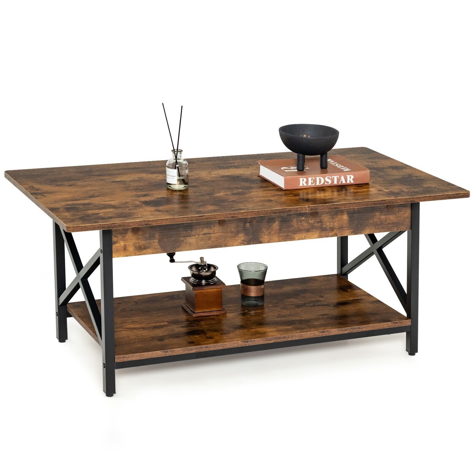 Costway 2-Tier Industrial Coffee Table Home Cocktail Tea Side Table with Storage Shelf in Brown